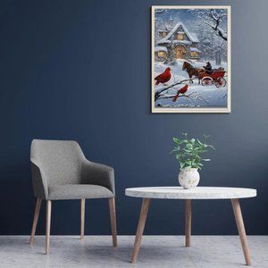 Enchanting Snowy Landscape & Red Bird: Holiday Art Print